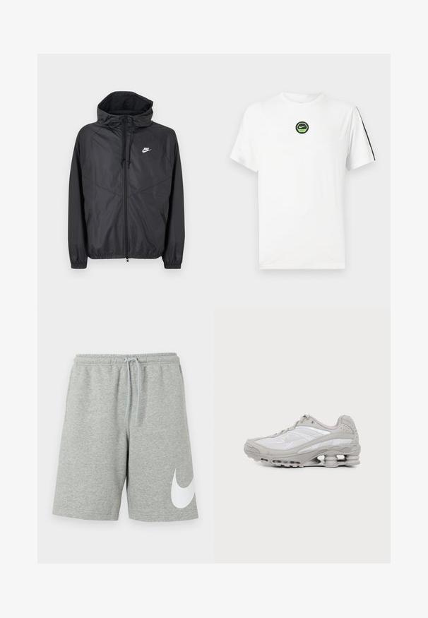 Schwarze Nike Windbreaker-Jacke mit Kapuze, Frontreißverschluss, Kordelzug, elastischen Bündchen und weißem Logo auf der linken Brust.; Weißes Nike T-Shirt mit kurzen Ärmeln, grünem und schwarzem rundem Logo auf der Brust und schwarzem Streifen mit Text auf dem rechten Ärmel.; Hellgraue Sportshorts mit elastischem Bund, Kordelzug und großem weißen Nike-Swoosh-Logo am linken unteren Bein.; Grauer und weißer Sportschuh mit sichtbarer Luftpolstersohle und Mesh-Einsätzen, im Profil auf einfachem hellem Hintergrund gezeigt.