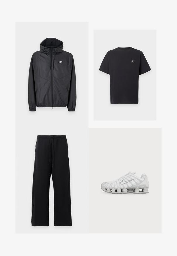 Must Nike tuulekindel jakk kapuutsiga, esines tõmblukk, nöörid, elastsed varrukapärastused ja valge logo vasakul rinnal.; Mustad lühikeste varrukatega Nike Air T-särk ümmarguse kaelusega ja vasakul rinnal väikese valge logoga.; Mustad mustad, pehmest kangast, tõmbluku ülesehitusega, laiad jalad ja küljetaskud, mis omavad siledat tekstuuri.; Valge Nike jooksujalats nähtava õhupadjaga tallaga ja hõbedase Swooshi logoga küljel, nähtav välisküljelt.