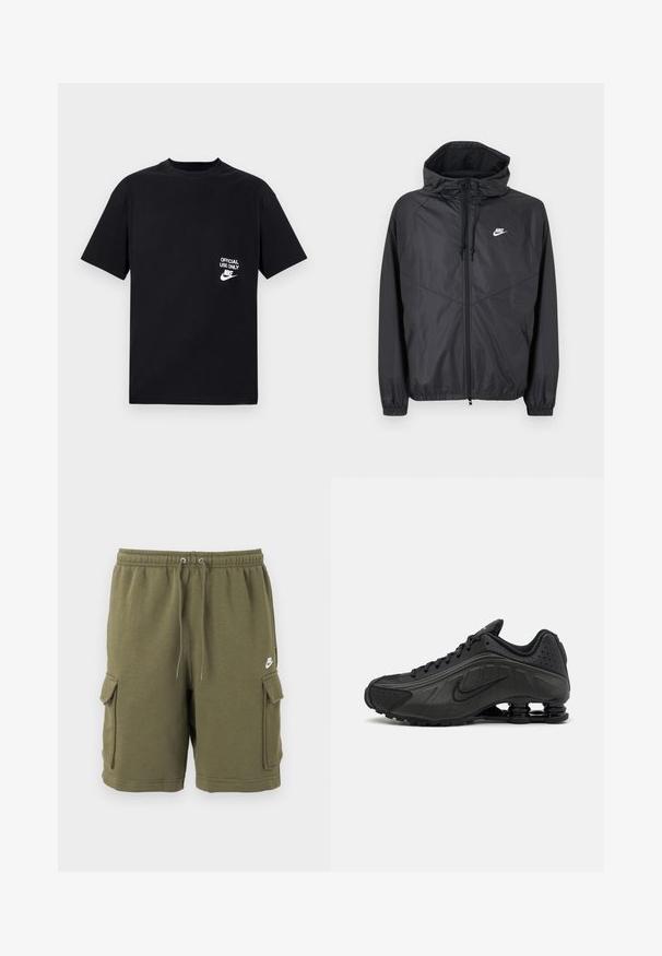 Must Nike tuulekindel jakk kapuutsiga, esines tõmblukk, nöörid, elastsed varrukapärastused ja valge logo vasakul rinnal.; Must must, lühikeste varrukatega, ümmarguse kaelusega must t-särk, millel on valged tekst "AINULT Ametlikuks Kasutamiseks" ja Nike logo vasakul rinna piirkonnas.; Oliivirohelised Nike lahtised püksid elastse vöökohaga, reguleeritava nööriga, küljetaskutega ja väikese valge Nike logoga vasakul reiel.; Mustad mustat jooksujalad, millel on sile sünteetiline ülemus, perforatsioonid, tekstureeritud külgpaneelid ja eristuv elastne tall.