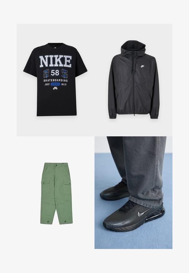 Μαύρο αδιάβροχο μπουφάν Nike με κουκούλα, εμπρόσθιο φερμουάρ, κορδόνια ρύθμισης, ελαστικά μανίκια και λευκό λογότυπο στο αριστερό στήθος.; Μαύρο βαμβακερό μπλουζάκι με έντονο λευκό και μπλε κείμενο, γραφικά για το "Nike 58 Skateboarding," με στρογγυλή λαιμόκοψη και κοντά μανίκια.; Πράσινα cargo παντελόνια με άνετη εφαρμογή, δύο μεγάλες πλαϊνές τσέπες και ρυθμιζόμενους μανσέτες στον αστράγαλο. Κατασκευασμένα από υφασμένο βαμβακερό ύφασμα.; Μαύρα αθλητικά παπούτσια Nike με υφασμάτινο επάνω μέρος, διάτρητες λεπτομέρειες και ορατή μονάδα αερο cushioning, συνδυασμένα με γκρι παντελόνι.