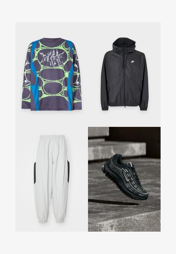 Μαύρο αδιάβροχο μπουφάν Nike με κουκούλα, εμπρόσθιο φερμουάρ, κορδόνια ρύθμισης, ελαστικά μανίκια και λευκό λογότυπο στο αριστερό στήθος.; Πουκάμισο με μακριά μανίκια από απαλό ύφασμα, με βάση σκούρου γκρι, πράσινα σχέδια που μοιάζουν με φυσαλίδες και μπλε λεπτομέρειες. Το εμπρός μέρος διαθέτει λευκό γραφικό με στυλιζαρισμένο σχέδιο.; Ανοιχτό γκρι σορτς από ελαφρύ ύφασμα, με ελαστική μέση και μανσέτες, καθώς και αντίθετες μαύρες και λευκές πλαϊνές ρίγες.; Μαύρο και γκρι αθλητικό παπούτσι Nike Air Max να αιωρείται πάνω από γκρι τσιμεντένια σκαλοπάτια με υφή στο έδαφος ως φόντο.