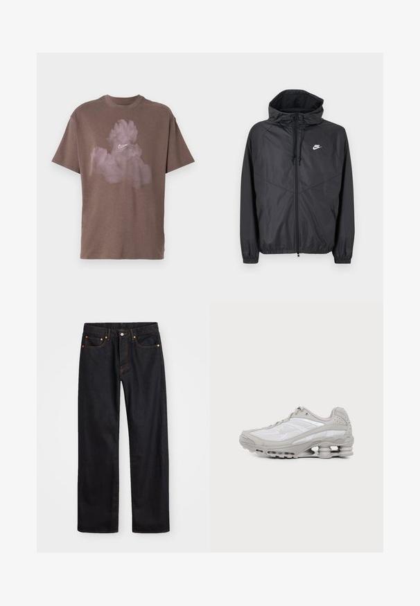 Μαύρο αδιάβροχο μπουφάν Nike με κουκούλα, εμπρόσθιο φερμουάρ, κορδόνια ρύθμισης, ελαστικά μανίκια και λευκό λογότυπο στο αριστερό στήθος.; Καφέ βαμβακερό μπλουζάκι με χαλαρή εφαρμογή, που διαθέτει το λευκό λογότυπο της Nike και ένα σύννεφο σε ανοιχτές ροζ αποχρώσεις στο μπροστινό μέρος.; Ανδρικό τζιν παντελόνι σε ευθεία γραμμή, μαύρου χρώματος, με πέντε τσέπες και πορτοκαλί ραφές, με κουμπί και φερμουάρ στον μπροστινό ιμάντα.; Γκρι και άσπρο αθλητικό παπούτσι με ορατό αεριζόμενο πέλμα και πλέγμα, εμφανίζεται σε προφίλ σε απλό ανοιχτό φόντο.