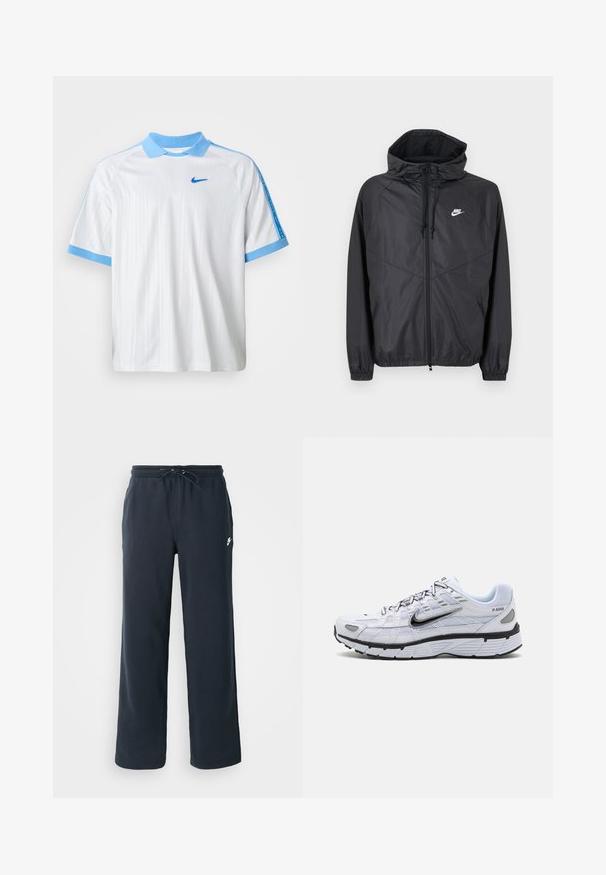 Čierna vetrovka Nike s kapucňou, predným zipsom, sťahovacími šnúrkami, elastickými manžetami a bielym logom na ľavej strane hrudníka.; Biely športový dres Nike s svetlomodrým golierom, okrajmi rukávov a pruhmi na pleciach, s malým modrým logom Nike na hrudi.; Tmavomodré tepláky s elastickým pásom a šnúrkou. Vyrobené z mäkkej látky, s malým bielym logom na ľavom boku.; Biele bežecké topánky s textilným zvrškom, zaoblenou špičkou, čiernymi akcentmi a vzorovanou podrážkou. Obsahujú šnurovanie a značku na boku.