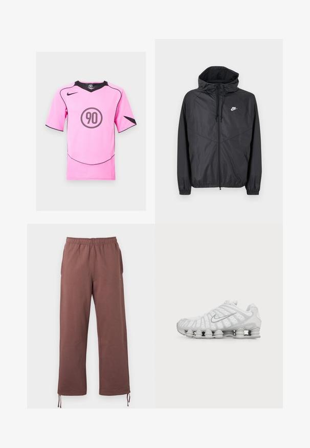 Sort Nike windbreakerjakke med hætte, lynlås foran, snoretræk, elastiske manchetter og hvidt logo på venstre bryst.; Pink Nike fodboldtrøje med sorte detaljer og et rundt "90" logo i midten. Korte ærmer, V-hals og mesh-detaljer i siderne.; Brune bukser med elastisk linning, lavet af blødt stof, med sidelommer og justerbare snore ved manchetterne for en tilpasset pasform.; Hvid Nike løbesko med synlig luftstøbt sål og sølv swoosh-logo på siden, vist fra ydersiden.