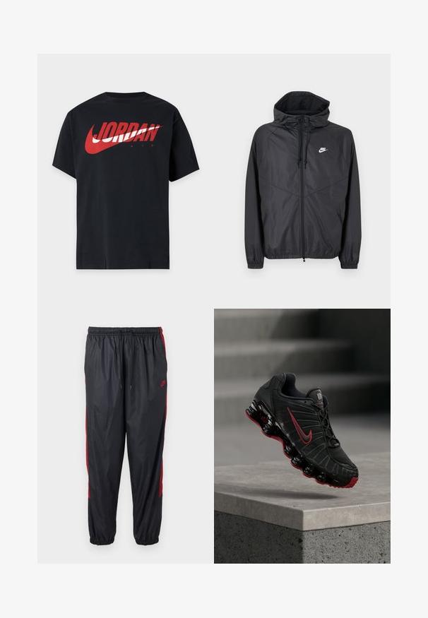 Sort Nike windbreakerjakke med hætte, lynlås foran, snoretræk, elastiske manchetter og hvidt logo på venstre bryst.; Sort T-shirt med korte ærmer med stort rødt og hvidt Jordan Air-logo over brystet.; Sorte Nike træningsbukser med røde sidelister, elastisk taljebånd med snøre og elastiske manchetter.; Sort og rød Nike atletiksko med synlig fjederlignende sål balancerende på kanten af et betontrin.