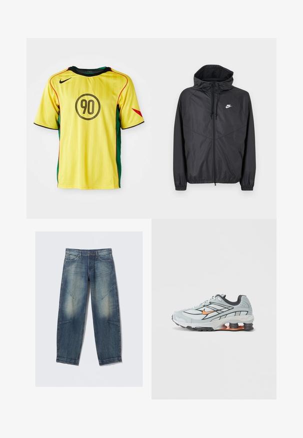 Čierna vetrovka Nike s kapucňou, predným zipsom, sťahovacími šnúrkami, elastickými manžetami a bielym logom na ľavej strane hrudníka.; Žltý futbalový dres Nike s zelenými bočnými panelmi, čiernymi akcentmi a červeným lemovaním. Na prednej strane má guľatý čierny dizajn "90".; Svetlomodré džínsové nohavice s voľným strihom, vybavené vyblednutými miestami, prednými vreckami a diagonálnymi švovými detailmi. Dizajn s rovnými nohavicami.; Svetlosivé bežecké topánky s čiernymi detailmi, oranžovým logom, sieťovaným vrchom, polstrovaným golierom a gumovou podrážkou s viditeľnými tlmiacimi jednotkami.