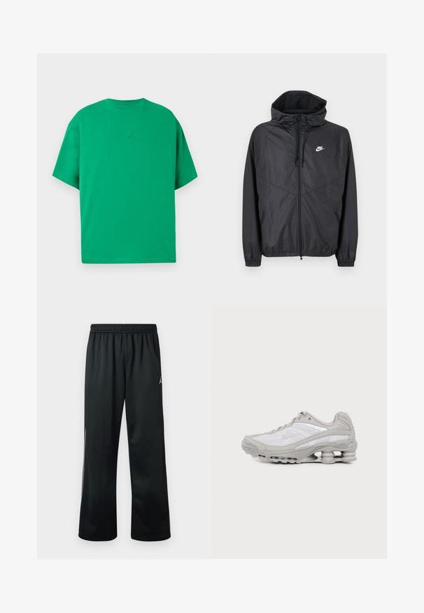 Μαύρο αδιάβροχο μπουφάν Nike με κουκούλα, εμπρόσθιο φερμουάρ, κορδόνια ρύθμισης, ελαστικά μανίκια και λευκό λογότυπο στο αριστερό στήθος.; Πράσινο κοντομάνικο T-shirt με στρογγυλή λαιμόκοψη και μικρό ανάγλυφο λογότυπο Jumpman στο κέντρο του στήθους.; Μαύρο αθλητικό παντελόνι με ελαστική ζώνη μέσης, με λευκό λογότυπο στην πάνω πλευρά και λεία, ελαφριά ύφανση.; Γκρι και άσπρο αθλητικό παπούτσι με ορατό αεριζόμενο πέλμα και πλέγμα, εμφανίζεται σε προφίλ σε απλό ανοιχτό φόντο.