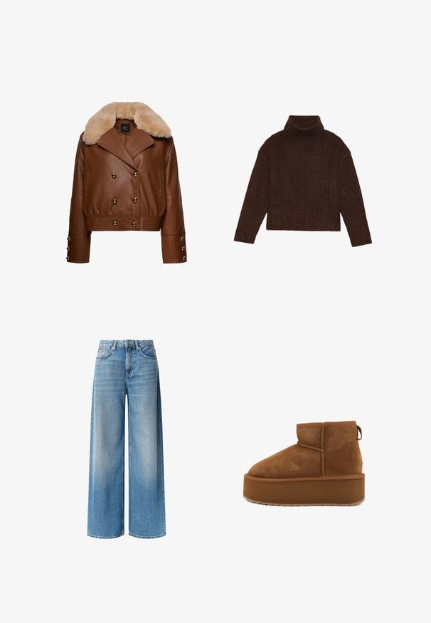 Brun læder dobbeltkneppet jakke med beige pelskrave, knapmanchetter og to sidelommer, forfra på hvid baggrund.; Brun ribbet turtleneck sweater med lange ærmer og cropped silhuet, med et tykkere, struktureret strikdesign.; Bredde ben blå denim jeans har en lys vask, høj talje, frontlommer og en subtil falmeffekt langs benene. Afsluttet med en knaplukning.; Brune ruskindsankelstøvle med en rund tå og en platformsål. Har en lille hæl og en løkke for nem påtagning. Tekstureret overflade med syningsdetaljer.