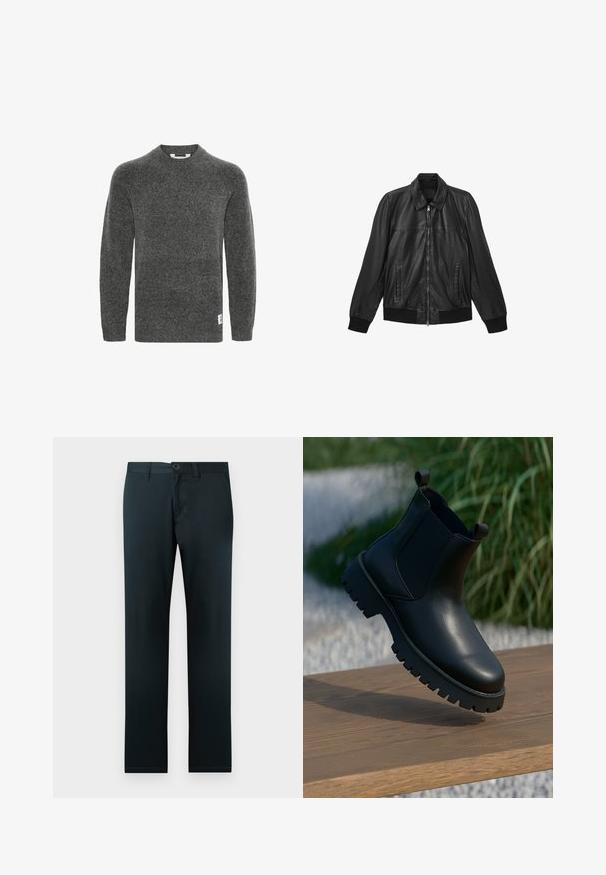 Schwarze Lederjacke mit Frontreißverschluss, zwei vertikalen Taschen, gerippten Bündchen und Saum sowie einem klassischen Kragen.; Grauer Wollpullover mit langen Ärmeln, Rundhalsausschnitt und gerippten Bündchen. Hat ein kleines Etikett an der unteren Seite. Weiche Textur.; Schwarze Baumwollhose mit schmaler Passform, geradem Bein, Knopfverschluss und flachen Fronttaschen; glatte Textur ohne Muster.; Schwarze Leder-Ankle-Boots mit elastischen Seiteneinsätzen, runder Zehenpartie und grober Laufsohle, auf einer Holzoberfläche präsentiert.