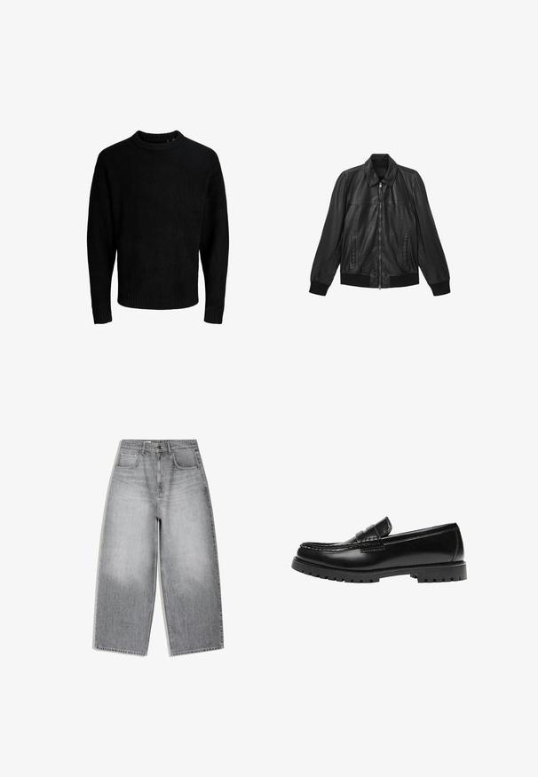 Veste en cuir noir avec fermeture éclair à l'avant, deux poches verticales, poignets et bas côtelés, et un col classique.; Pull noir, encolure ronde, manches longues, poignets et ourlet côtelés, texture douce, couleur unie, design minimaliste.; Jean en denim gris taille haute avec une coupe large aux jambes, poches avant et fermeture à boutons, présenté à plat sur fond blanc.; Mocassin en cuir noir avec une semelle en caoutchouc épaisse et un détail classique de bride à monnaie, vu de côté extérieur.