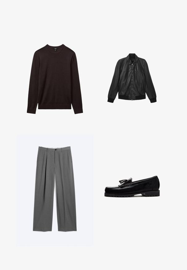 Veste en cuir noir avec fermeture éclair à l'avant, deux poches verticales, poignets et bas côtelés, et un col classique.; Reiss REISS - Pullover - dark bordeaux; Pantalon formel gris avec jambes droites, plis à l'avant, poches latérales, passants pour ceinture et fermeture devant par bouton et glissière.; Mocassin en cuir noir avec détail de pompon, semelle épaisse et robuste, et logo embossé sur le côté, présenté de profil sur fond blanc.