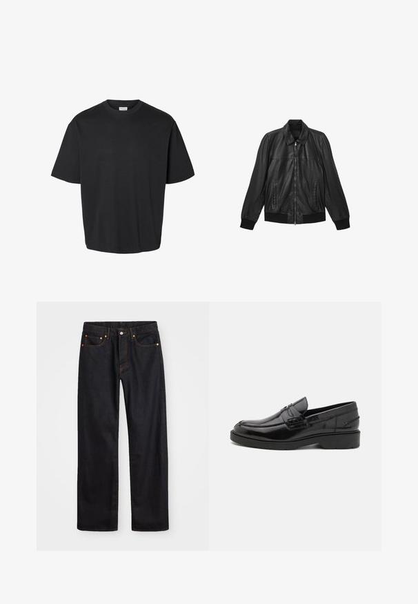 Schwarze Lederjacke mit Frontreißverschluss, zwei vertikalen Taschen, gerippten Bündchen und Saum sowie einem klassischen Kragen.; Schwarzes T-Shirt mit kurzen Ärmeln und Rundhalsausschnitt, locker geschnitten und mit sichtbarem weißem Etikett im Kragen.; Herren gerade geschnittene schwarze Jeans aus Denim mit fünf Taschen und orangefarbenen Nähten, Knopf- und Reißverschluss vorne am Bund.; Schwarze Lederloafers mit glatter Oberfläche, abgerundetem Zehenbereich, niedrigem Absatz und dekorativer Naht entlang der Vorderseite. Gummisohle für guten Halt.