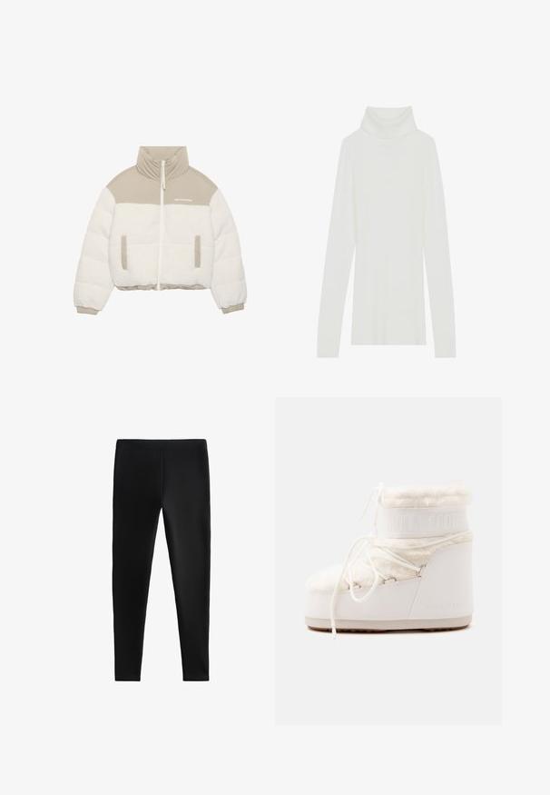 Gekürzte Jacke mit beigem Oberteil und weißem, flauschigem Fleece unten. Sie verfügt über einen Frontreißverschluss, zwei seitliche Taschen und ein hochgeschlossenes Design.; Weißer, gerippter Rollkragenpullover mit langen Ärmeln, weichem Material und hohem Rollkragen. Hat ein tailliertes Design und keine sichtbaren Verschlüsse.; Schwarze Leggings aus dehnbarem Material, mit einer körperbetonten Passform ohne sichtbare Nähte oder Taschen, geeignet für verschiedene Aktivitäten.; Weißer isolierter Winterstiefel mit Fellbesatz, dicker Sohle, seitlichen Schnürsenkeln und geprägtem "Moon Boot" Logo an der Seite und am oberen Schaft.
