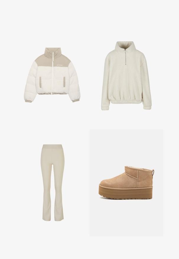 Veste raccourcie avec un haut beige et un bas en polaire blanche et duveteuse. Elle possède une fermeture éclair à l'avant, deux poches latérales et un col haut.; Pull-over en polaire sherpa couleur crème, manches longues, col montant, fermeture éclair à mi-hauteur à l'avant, poignets et ourlet élastiques pour un ajustement près du corps.; Pantalons évasés beiges en tissu extensible, avec une taille haute et des fentes discrètes sur l'ourlet pour une touche de détail.; Bottines en suede beige avec un intérieur moelleux, dotées d'une semelle compensée et d'une languette à l'arrière pour un enfilage facile. Semelle extérieure en caoutchouc texturé.