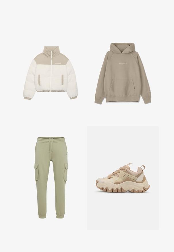 Forkortet jakke med en beige overdel og en hvid fluffy fleece nederdel. Har en lynlås foran, to sidelommer og et højt kravedesign.; Beige hoodie med kængurulomme, snøre i hætten og ribbede manchetter. Har subtil logo broderi på fronten og ærmet.; Lysgrønne cargo-sweatpants lavet af blødt stof, med sidelommer, elastiske cuffs og en snøre i taljen for justerbar pasform.; Beige og creme sneakers med en tekstureret overdel, perforerede sider og en bølget sål. Har snørebånd og en pull-tab på hælen.
