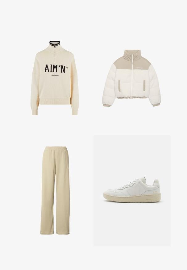 Veste raccourcie avec un haut beige et un bas en polaire blanche et duveteuse. Elle possède une fermeture éclair à l'avant, deux poches latérales et un col haut.; Pull crème à col haut et zip quart, avec le logo noir "AIM'N" et le texte "SPORTSWEAR", poignets et ourlet côtelés, texture tricotée.; Pantalon large beige côtelé avec taille élastique et petit logo blanc discret sur la partie supérieure de la cuisse.; Baskets en cuir blanc avec une boîte à orteils perforée, semelle en caoutchouc beige contrastante et accents de logo sur le côté et le talon. Design minimaliste.
