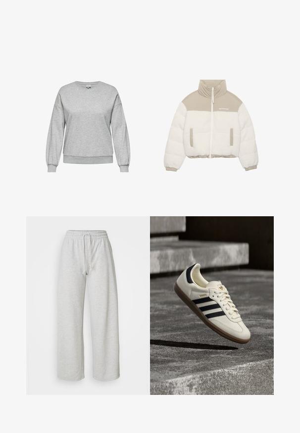 Gekürzte Jacke mit beigem Oberteil und weißem, flauschigem Fleece unten. Sie verfügt über einen Frontreißverschluss, zwei seitliche Taschen und ein hochgeschlossenes Design.; Grauer Sweatshirt aus einem Baumwollmischmaterial, mit Rundhalsausschnitt, langen Ballonärmeln und gerippten Bündchen und Saum.; Even&Odd Petite by Zalando Jogginghose - mottled light grey; Weißer Adidas Samba Sneaker mit schwarzen Streifen und Gummisohle, schwebend über strukturierten grauen Betontreppen.