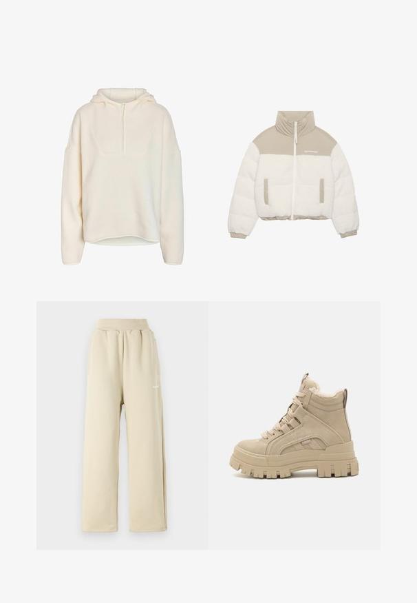 Korte jas met een beige bovenkant en een witte pluche fleece onderkant. Voorzien van een rits aan de voorkant, twee zijzakken en een hoge kraag.; Noisy May NMCOZY L/S HALFWAY ZIP SWEATER JRS NOOS - Fleece trui - eggnog; Beige wijde sweatpants van zachte stof, met een elastische tailleband, zijzakken en een klein geborduurd logo-detail.; Beige hoge sneakers met een gestructureerde suède afwerking, versterkte rijgogen en een chunky rubberen zool. Zachte voeringdetails en dubbele pull-tabs.