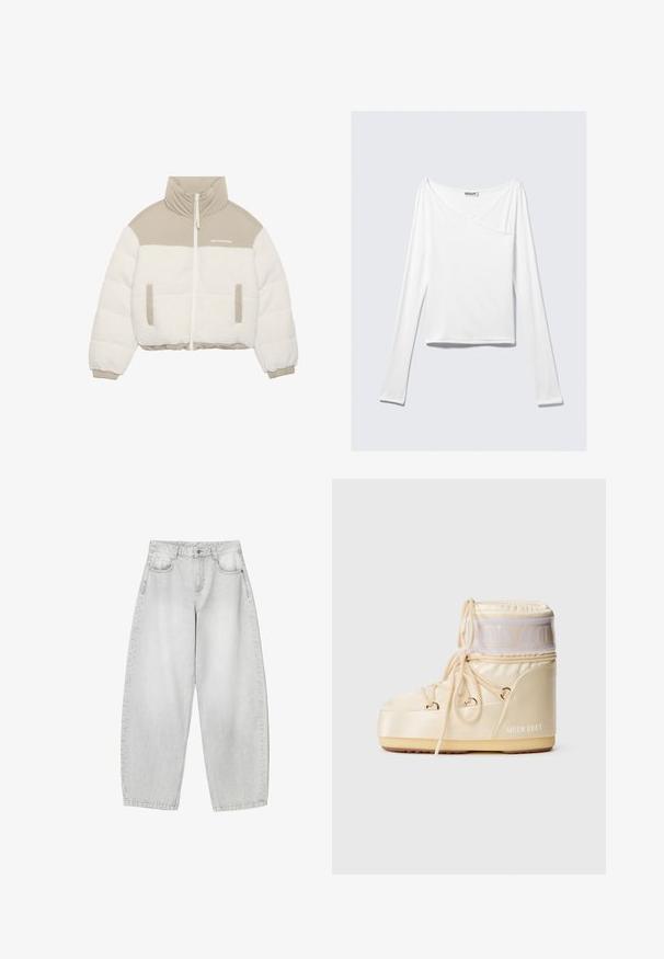 Veste raccourcie avec un haut beige et un bas en polaire blanche et duveteuse. Elle possède une fermeture éclair à l'avant, deux poches latérales et un col haut.; Haut blanc à manches longues avec un design croisé et une poche. Fabriqué dans un tissu lisse et extensible. Coupé dans une coupe décontractée et ample.; Jeans à large jambe de couleur gris clair en denim, avec des poches avant, une taille à bouton et une finition légèrement délavée.; Botte d'hiver rembourrée de couleur crème avec une semelle épaisse, un devant à lacets et un logo "MOON BOOT" sur le côté et le haut de la manche.