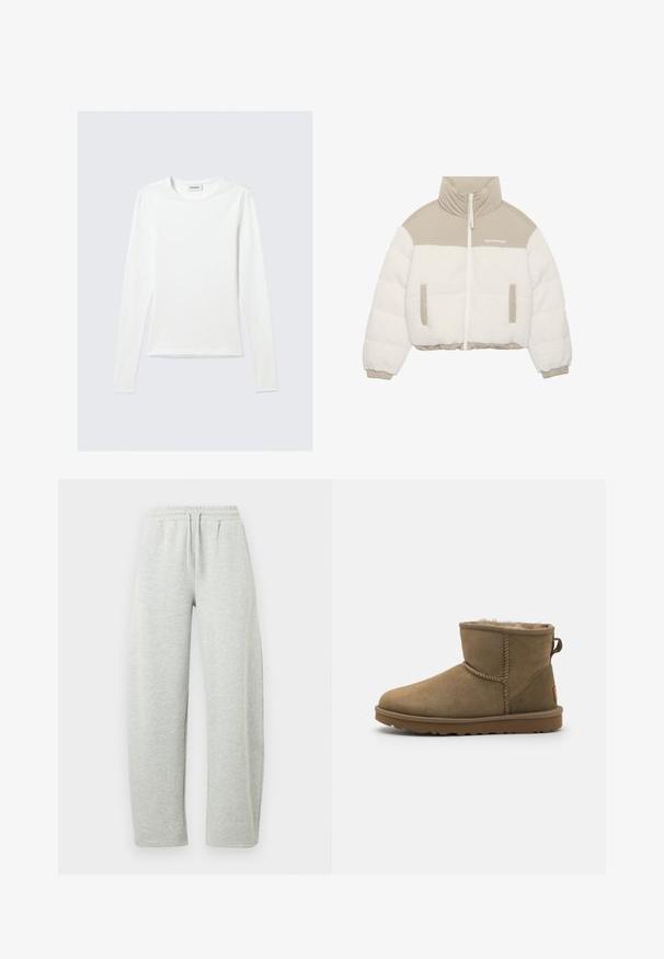 Kuttet jakke med en beige overdel og hvit fluffy fleece-nederdel. Har en frontglidelås, to sidelommer og et høyt kragedesign.; Langermet ensfarget hvit genser med rund hals og smal passform, vist mot en lys grå bakgrunn.; Lysegrå joggebukser med elastisk midjebånd og snor. Stoffet har en myk tekstur og rette, løstsittende ben.; Brune supraskinn ankle boot med et mykt, lodden fôr, rund tå, og en sløyfe bak. Flat gummisåle med teksturert grep.