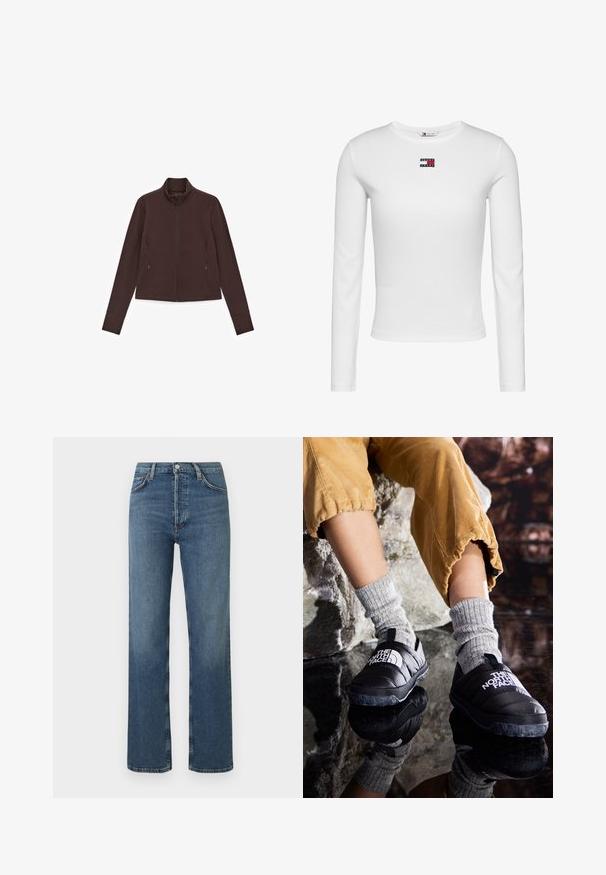 Bruine jas met rits, gemaakt van zachte stof, met een opstaande kraag, lange mouwen en zijzakken. Heeft gestikte details langs de naden.; Witte geribde longsleeve met ronde hals en kleine Tommy Jeans logo patch in het midden van de borst.; Blauwe denim jeans met een rechte pijp, een hoge taille en vijf zakken. Voorzien van contrasterende stiksels en een knoopsluiting.; Zwarte geïsoleerde instapschoenen met textuurzolen en een wit logo, gedragen met grijze gebreide sokken, gecombineerd met geribbelde mosterdkleurige broek.