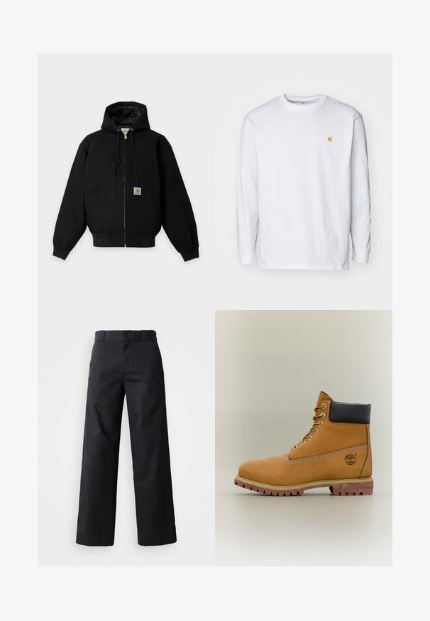 Schwarze Kapuzenjacke mit Reißverschluss, Fronttaschen, Kordelzug an der Kapuze und kleinem rechteckigem orangefarbenem Logo-Patch auf der Tasche.; Weißes Langarm-T-Shirt aus Baumwolle. Mit kleinem goldenem Logo auf der Brust und Rundhalsausschnitt. Einfaches Design und normale Passform.; Schwarze weit geschnittene Baumwollhose. Verfügt über einen Knopfverschluss, Gürtelschlaufen und Seitentaschen. Glatte Textur mit tailliertem Schnitt.; Brauner Leder-Stiefelette mit schwarzem Kragen, gelben Schnürsenkeln und hellbrauner Sohle. Verfügt über ein Logo und weiße Ziernähe. Robuste Profilsohle.