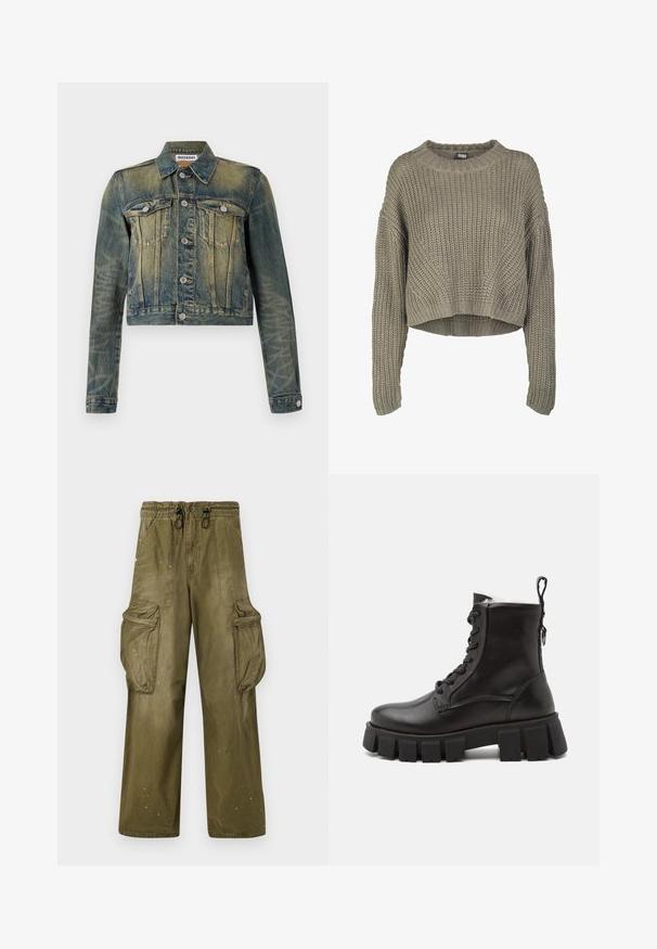 Jeansjacke mit einem verblassten blauen Finish, verkürztem Design, zwei Brusttaschen und silbernen Knöpfen. Verfügt über einen klassischen Kragen und lange Ärmel.; Olivgrüner, verkürzter Strickpullover mit strukturiertem Muster, rundem Ausschnitt und langen Ärmeln. Dicke Rippstruktur am Saum und an den Bündchen.; Olivgrüne Cargo-Hosen mit lässiger Passform, elastischem Bund, Kordelzug, zwei seitlichen Taschen und zwei großen Cargo-Taschen. Leichte Abnutzung.; Schwarze Leder-Ankle-Boots mit einer robusten Gummisohle, runder Zehenpartie, Schnürung vorne und einer Zuglasche an der Rückseite für einfaches Anziehen.