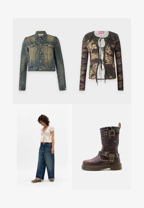 Τζάκετ denim με ξεθωριασμένο μπλε φινίρισμα, κοντό σχέδιο, δύο τσέπες στο στήθος και ασημένια κουμπιά. Διαθέτει κλασικό γιακά και μακριά μανίκια.; Μπλούζα μακρυμάνικη με καμουφλάζ, στρογγυλή λαιμόκοψη, κλείσιμο με κορδόνι μπροστά, εφαρμοστή γραμμή και αντίθετες υφασμάτινες μανίκες.; Γυναίκα που φοράει κρεμ μπλουζάκι με κοντό μανίκι και V λαιμόκοψη με δαντέλα, φαρδιά τζιν παντελόνια σε μπλε απόχρωση με τελειώματα που γυρίζουν και ελαιόχρωμες παπούτσια, στέκεται σε λευκό φόντο.; Καφέ δερμάτινη μπότα μέχρι τη μέση της γάμπας με ανάγλυφα λουλουδένια σχέδια, δύο ρυθμιζόμενες ορειχάλκινες αγκράφες, κίτρινα ραφτά και ανθεκτική σόλα.