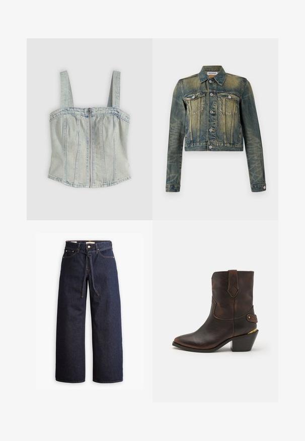 Faded sinise viimistlusega denimsärk, lühendatud disain, kaks rinna taskut ja hõbedased nupud. Omab klassikalist kraed ja pikki varrukasid.; Hele sinine teksakorsett, millel on laiad rihmad, ees luku sulgemine, vertikaalne õmbluse detail ning sirge serv.; Laiad joped tumeda sinise denimi ja kõrge taljega, millel on paela kinni tõmbamise võimalus, viis taskut ja kontrastsete õmblustega detailid.; Pruun nahast cowboy saabas, millel on terav varvas ja kihiliselt ehitatud konts. Omab dekoratiivset rombikujulist mustrit ja rihma koos metallist aktsentidega.