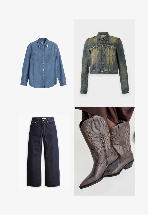 Τζάκετ denim με ξεθωριασμένο μπλε φινίρισμα, κοντό σχέδιο, δύο τσέπες στο στήθος και ασημένια κουμπιά. Διαθέτει κλασικό γιακά και μακριά μανίκια.; Ανοιχτό μπλε τζιν πουκάμισο με μακριά μανίκια, μυτερό γιακά, δύο τσέπες στο στήθος και αντίθετη ραφή. Διαθέτει σχέδιο γιακά σε δυτικό στυλ.; Πλατείς σκούρο μπλε τζιν με ψηλή μέση, διαθέτοντας κορδόνι, πέντε τσέπες και λεπτομέρειες σε αντίθεση ραφής.; Καφέ δερμάτινες καουμπόικες μπότες με μυτερή μύτη, πλαϊνό φερμουάρ και υφή σε σχέδιο φιδιού σε μπεζ, διαθέτοντας διακοσμητικούς κρυστάλλους κατά μήκος των άκρων.