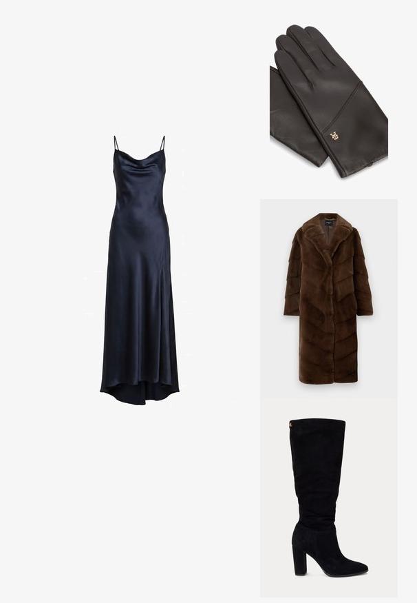 Lange bruine faux fur jas met brede reverskraag en zigzagpatroondetails, hangend tegen een effen lichte achtergrond.; Donker marineblauwe satijnen slipjurk met dunne spaghettibandjes en een licht gebogen halslijn, uitlopend in een lange, asymmetrische zoom.; Zwarte suède dameslaars tot over de knie met blokhak en puntige neus, voorzien van een klein gouden logo label vlak bij de bovenkant aan de achterkant.; Een paar zwarte leren handschoenen met een klein goudkleurig decoratief embleem op het polsgebied, afgebeeld op een witte achtergrond.