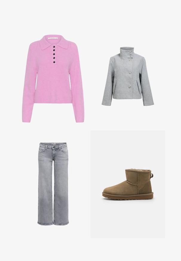 Veste en mélange de laine gris clair avec un col haut, quatre boutons et deux poches avant. Présente une coupe structurée et une texture lisse.; Pull en tricot rose avec col, doté d'une patte de boutonnage avec six boutons noirs, à manches longues et à la texture douce.; Jean gris clair à jambes larges en denim. Doté d'une taille standard avec passants pour ceinture, de cinq poches et de détails subtils de décoloration.; Bottines en daim marron avec une doublure douce et pelucheuse, bout rond et un accent en boucle à l'arrière. Semelle en caoutchouc plate avec grip texturé.
