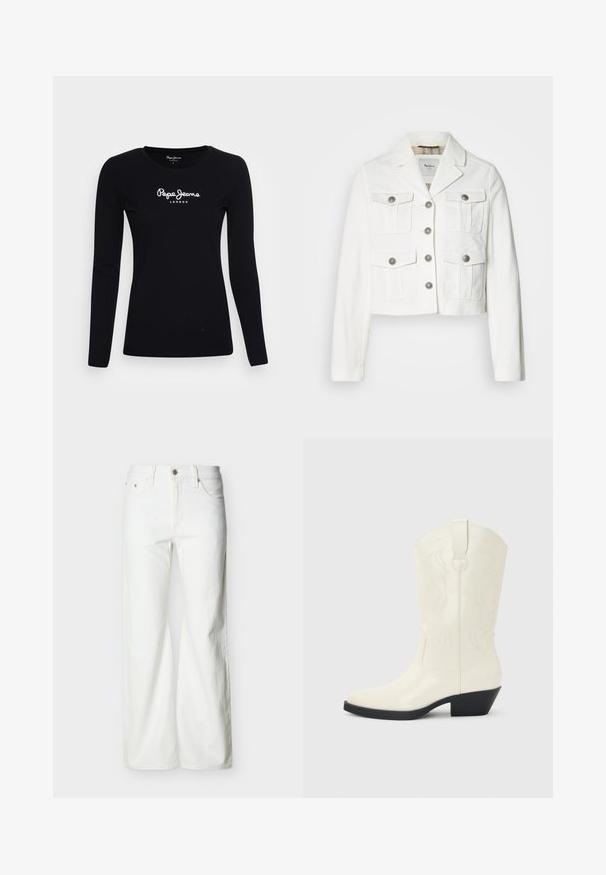Chaqueta blanca recortada de algodón con cuello, que presenta cuatro bolsillos delanteros y botones de tono plateado. Tejido texturizado con un diseño limpio.; Camiseta de manga larga negra hecha de algodón, con cuello redondo y logo blanco "Pepe Jeans LONDON" en el centro.; Vaqueros blancos de talle alto y pierna recta con botón frontal, cierre de cremallera y bolsillos laterales y traseros, sobre un fondo liso y claro.; Bota blanca de estilo occidental hasta la mitad de la pantorrilla, con punta puntiaguda, tacón apilado negro, costuras decorativas y tira para tirar en el eje.