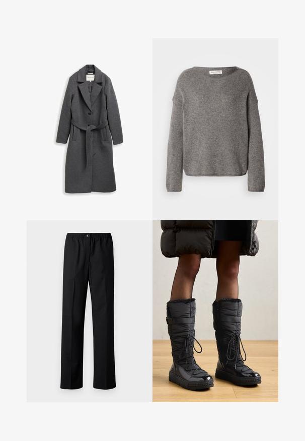 Lang, mørkegrå uldfrakke med brede revers, to forende knapper, sidelommer og et matchende bælte bundet om taljen.; Grå strikket sweater med løs pasform, bred halsudskæring og lange ærmer. Stoffet virker blødt og har en tekstur, der antyder varme.; Sorte bukser med lige ben, elastisk talje og knaplukning. Lavet af vævet stof med en glat tekstur.; Knæhøje sorte pufferstøvler med fake fur kant, skinnende vandtæt overdel, tekstureret sål og justerbar snøre detaljer.