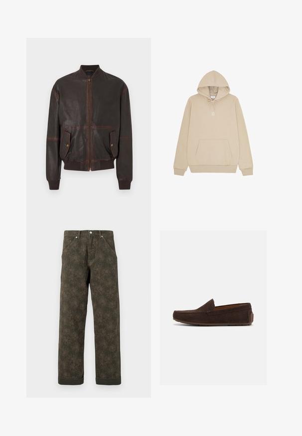 Veste aviateur en cuir marron foncé avec col, poignets et ceinture côtelés, fermeture éclair à l'avant, et deux poches à rabat avec boutons-pression à l'avant.; Sweat à capuche beige avec poche kangourou à l'avant, capuche à cordon, poignets côtelés et "II" imprimé en blanc sur la poitrine.; Pantalons vert foncé avec un imprimé floral subtil, boutons à l'avant, poches et ourlets retroussés.; Mocassin en daim marron foncé avec petit talon, coutures apparentes et semelle en caoutchouc sur un fond blanc uni.