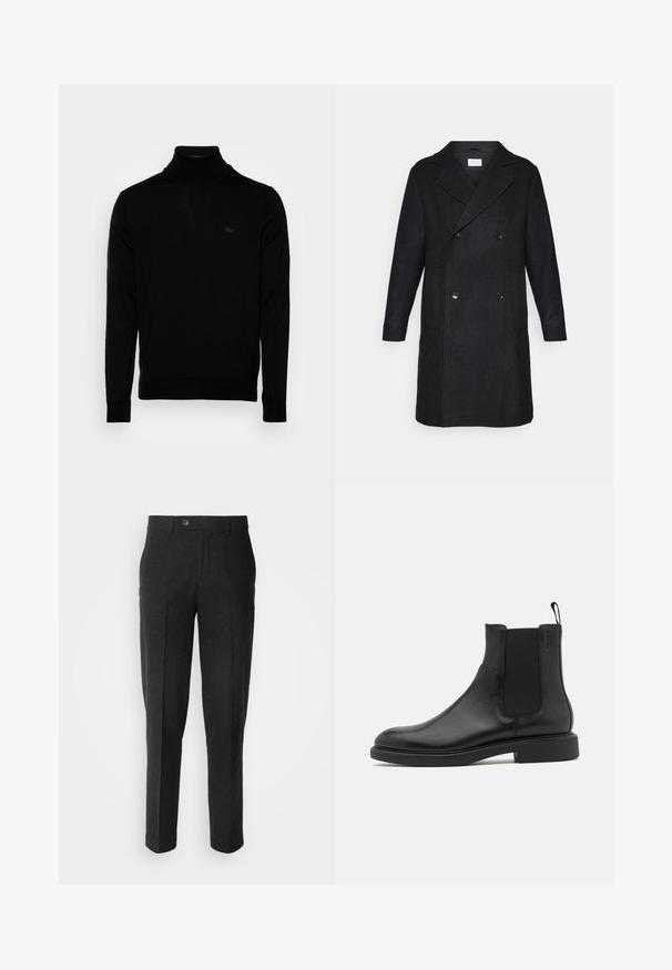 Sort uldblandings dobbeltradet frakke med klapkrave, to forlommer og et struktureret hørmønster.; Sort turtleneck sweater, ribbet tekstur, lange ærmer, tætsiddende design, diskret Lacoste-logo på brystet, materialet er af mellemvægtigt strik.; Lindbergh Bukser - black melange; Sort læder ankelstøvle med glat overflade, elastiske sidepaneler og en trækstrop. Rund tå og flad gummisål med minimal mønster.
