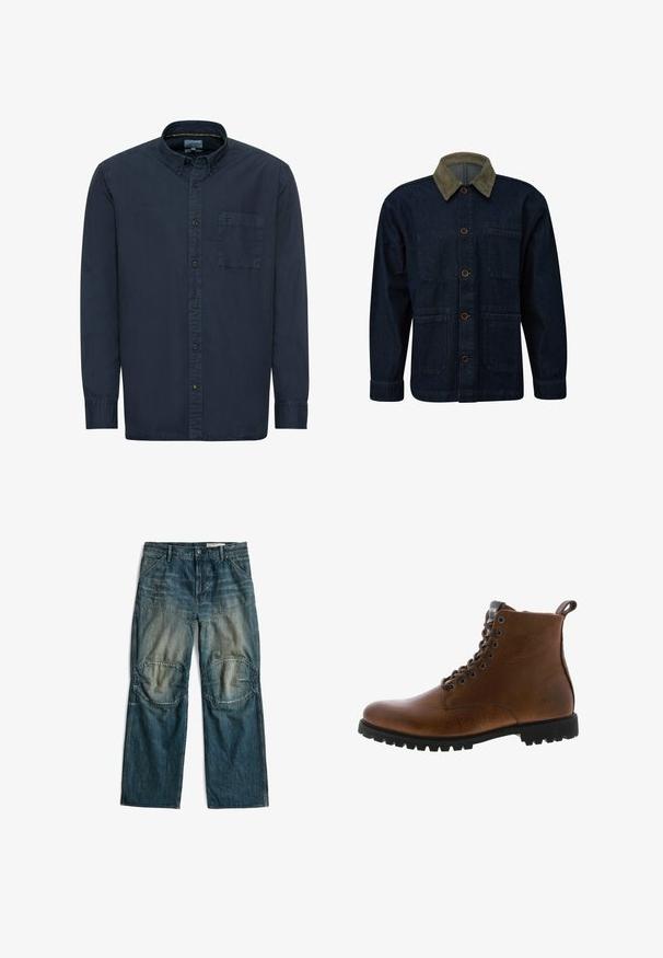 Dunkelblaue Jeansjacke mit olivgrünem Cordkragen, Knopfverschluss und drei Außentaschen, auf einem weißen Hintergrund gezeigt.; Marineblaue Button-Down-Hemd aus Baumwolle. Verfügt über einen klassischen Kragen, lange Ärmel, eine einzelne Brusttasche und dezente Nähdetails.; Blaue Jeanshose mit verstärkten Knie-Einsatzstücken und Vordertaschen, flach auf weißem Hintergrund präsentiert.; Braune Lederstiefeletten mit strukturiertem Finish, metallischen Ösen und schwarzer Gummisohle. Mit Zuglasche hinten für einfaches An- und Ausziehen.
