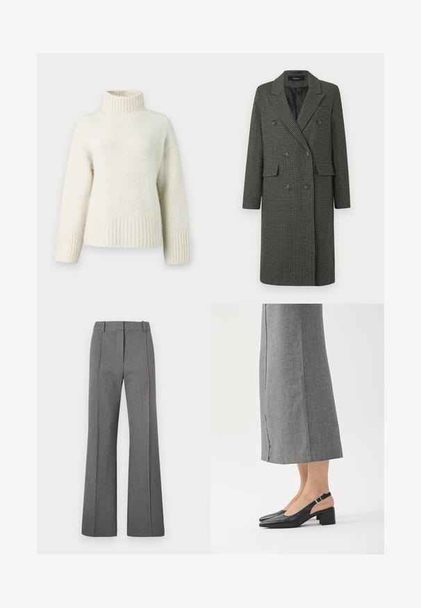 Manteau gris à carreaux pied-de-poule à double boutonnage, avec revers crantés, deux poches avant et doublure noire. Comprend six boutons et un design hauteur genoux.; Pull en tricot de couleur crème avec un col montant, des épaules dropées et des bords côtelés. Le tissu doux et texturé apporte de la chaleur.; Pantalons évasés gris à rayures avec un devant plat, des passants de ceinture et une texture lisse. Design pleine longueur avec des détails de motif subtils.; Chaussures slingback en cuir noir avec bout pointu, talon bloc et accent de talon rose contrastant. Texture lisse avec un design minimaliste.