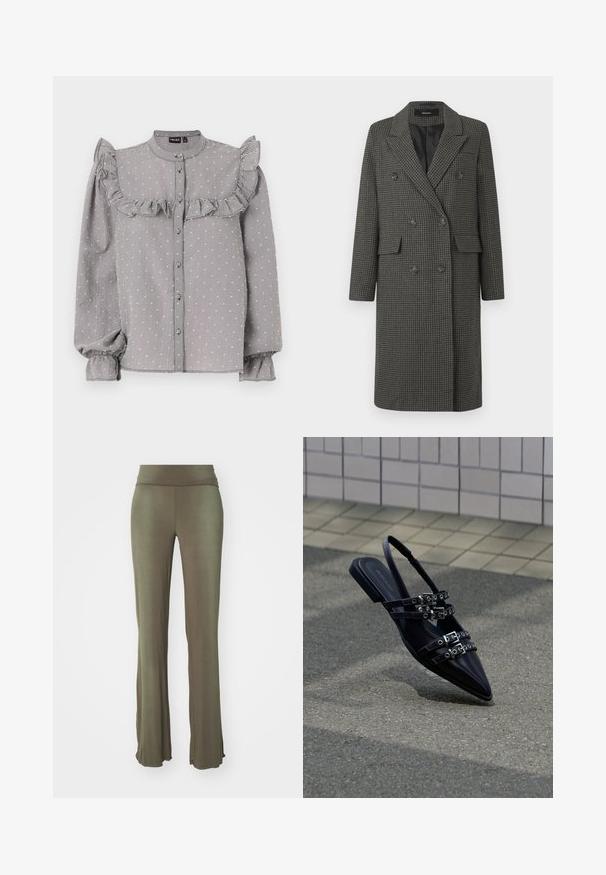 Topeltöötlusega hall houndstooth-stiilis mantel, millel on nurgelised kraed, kaks esist pocketit ja must vooder. Omab kuut nööpi ja põlvepikkust disaini.; Mustvalge ruuduline pluus, millel on rüššide detail rinnal, pikad puhv-ämblikuvarviga varrukad ja nupulukuga esiosa.; Oliviroheline laiad püksid, mis on valmistatud pehmest ja venivast kangast. Omavad laia vööd ja siledat tekstuuri, ilma nähtavate mustrite või aktsentideta.; Mustad terava ninaga lame sandaal, millel on mitu paela punutiste ja kannahoidjaga, paigutatud vallutatud pinna ja plaatseinaga tausta kohale.
