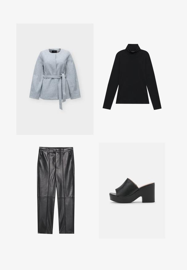 Lysegrå langærmet jakke med rund halsudskæring, ingen knapper og et bindebælte i taljen, vist på en ensfarvet baggrund.; Sort turtleneck med lange ærmer. Blødt stof, tætsiddende design, høj krave og sidesøm. Simpel og alsidig stil, der er velegnet til lag-på-lag.; Sorte læderbukser med en glat overflade, der har lige pasform, to forlommer og synlige sømdetaljer.; Sorte læder open-toe mules har et bredt forreste strop og en chunky, høj platformhæl med en glat tekstur. Vist fra siden.