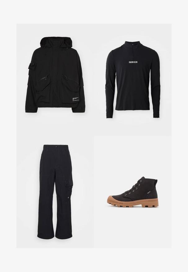 Veste noire imperméable avec un haut col, plusieurs poches zippées et des cordons réglables sur la capuche et l'ourlet.; Haut noir à manches longues avec un col montant, doté d'une fermeture éclair quart et du logo "CALVIN KLEIN" en blanc à l'avant. Tissu lisse et extensible.; Pantalons cargo noirs en tissu texturé, avec un design à jambes larges, des coutures visibles et une poche latérale avec un fermoir à pression.; Bottes de cheville en toile noire avec semelles en caoutchouc marron, dotées d'œillets en métal, d'un design à lacets et d'une surface texturée.