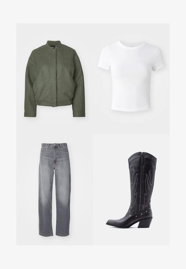 Grüne Wollmischung Jacke mit Stehkragen, lässiger Passform, gekürztem Saum und zwei vorderen Taschen. Strukturiertes Material mit minimalen Nähdetails.; Weißes, kurzärmeliges, cropped T-Shirt mit Rundhalsausschnitt, auf einem neutralen, hellen Hintergrund präsentiert.; Weekday RAIL MID LOOSE STRAIGHT - Jeans Straight Leg - misty grey; Schwarze Cowboy-Stiefel aus Leder mit spitzer Zehenpartie, sichtbarer Nahtführung, silbernen Nietenakzenten und Reißverschluss auf der Innenseite.