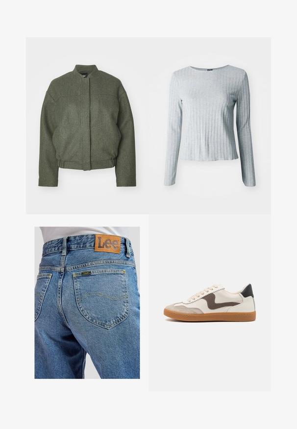 Grøn uldblandingsjakke med opretstående krave, boxy fit, cropped kant og to frontlommer. Tekstureret stof med minimale syninger.; Grå ribbet langærmet bluse med rund halsudskæring, lavet af blødt tekstureret stof; har en let udvidet kant for en afslappet pasform.; Blå denimbukser med baglommer med gule syninger og et brunt lædermærke med Lee-brand på linningen.; Sneakers med en cremefarvet læderoverdel, en mørkebrun svine læder detalje, beige snørebånd og en gummigummisål; klassisk lavprofil design.