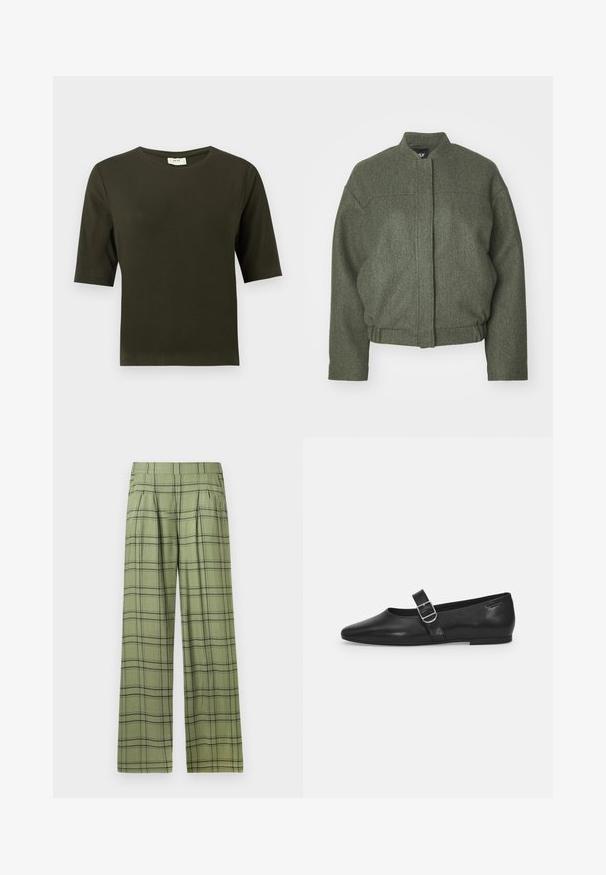 Grüne Wollmischung Jacke mit Stehkragen, lässiger Passform, gekürztem Saum und zwei vorderen Taschen. Strukturiertes Material mit minimalen Nähdetails.; Dunkelgrünes T-Shirt mit kurzen Ärmeln und rundem Halsausschnitt, aus weichem Stoff gefertigt, mit einem schlichten und geraden Schnitt.; Grüne weit geschnittene Hose mit schwarzem Karomuster und hohem Bund, vorderen Falten und Seitentaschen.; Schwarzer Lederflatschuh mit runder Zehenform, einem verstellbaren Schnallenriemen und einer glatten, glänzenden Oberfläche. Minimalistisches Design mit einem niedrigen Absatz.