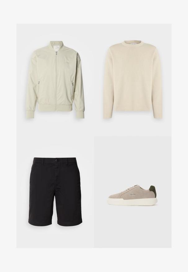 Hellbeige Bomberjacke aus glattem, leichtem Material. Mit Reißverschluss vorne, gerippten Bündchen und seitlichen Taschen. Subtile Logodetails.; Beiger Langarm-Pullover mit Rundhalsausschnitt und einem dezenten kleinen Logo auf der linken Brust, dargestellt vor einem schlichten weißen Hintergrund.; Schwarze Shorts aus leichtem Stoff, mit Knopfverschluss, normaler Taille und geradem Schnitt. Keine Muster oder sichtbaren Akzente.; Beige Wildledersneaker mit einer weißen Gummisohle, die einen dunkelgrünen Akzent an der Ferse und dezente Markenaufschrift an der Seite aufweisen.