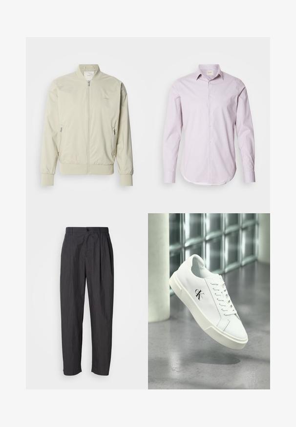 Veste bomber beige clair en matériau lisse et léger. Dotée d'une fermeture éclair à l'avant, de poignets côtelés et de poches latérales. Détail de logo discret.; Chemise à manches longues rose clair avec de petits pois blancs, col boutonné et ourlet arrondi. Fabriquée en tissu lisse avec un subtil éclat.; Pantalons droit gris foncé avec passants de ceinture, fermeture à bouton à l'avant et poches latérales sur un fond clair.; Baskets blanches Calvin Klein avec lacets, présentées en suspension au-dessus d'un sol en béton poli et d'un mur en blocs de verre en arrière-plan.