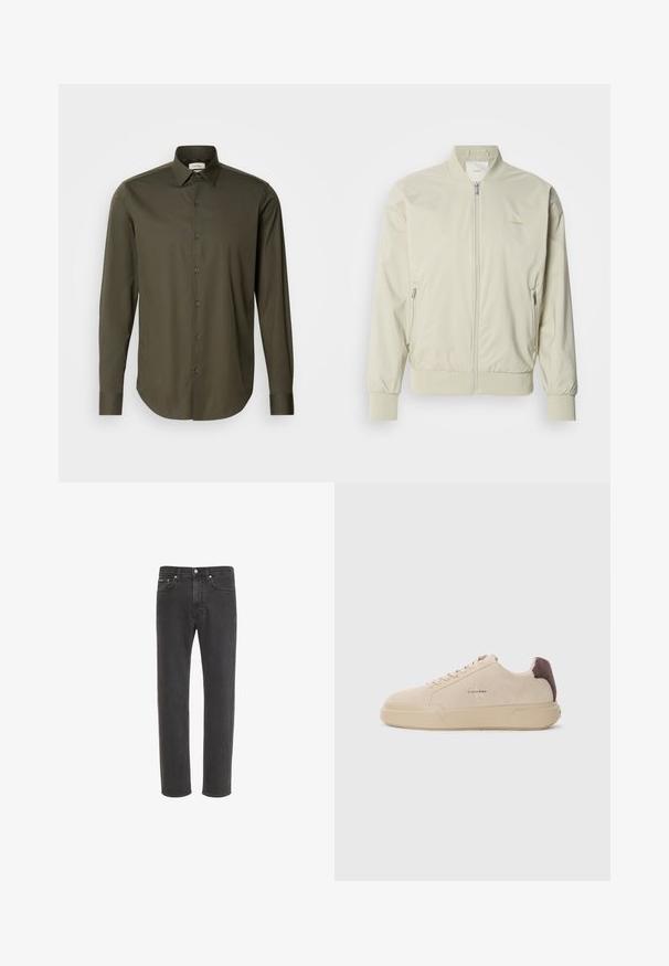 Lys beige bomberjakke lavet af glat, letvægtsmateriale. Har lynlås fortil, ribbede manchetter og sidelommer. Diskret logo-detalje.; Calvin Klein SLIM - Skjorter - forest; Sorte jeans med lige ben i denim med knap- og lynlås-lukning foran, for- og baglommer, vist på hvid baggrund.; Beige ruskind sneakers med rund tå, snørret foran og en brun ruskindsdetalje på hælen. Har en tekstureret gummisål.