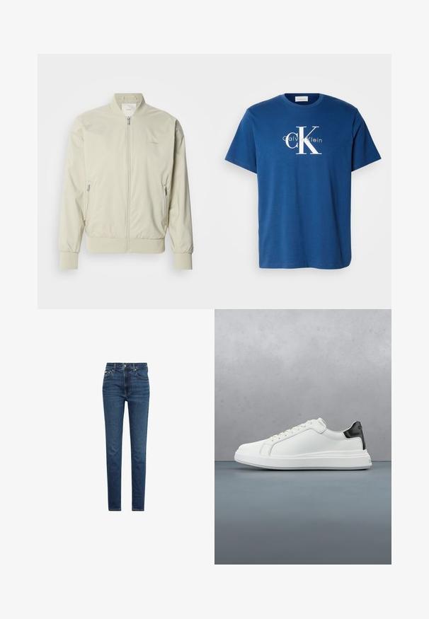 Lys beige bomberjakke lavet af glat, letvægtsmateriale. Har lynlås fortil, ribbede manchetter og sidelommer. Diskret logo-detalje.; Blå bomulds T-shirt med rund halsudskæring, korte ærmer og et hvidt "CK" logo med teksten "Calvin Klein" i kontrasterende lys grøn nedenfor.; Mørkeblå slim fit jeans med forrest knap- og lynlåsmed lukning, fem lommer og synlige syninger på hvid baggrund.; Hvide sneakers med en glat læderoverdel og en kontrasterende sort hælaccents. Har flade snørebånd og en tekstureret gummisål.