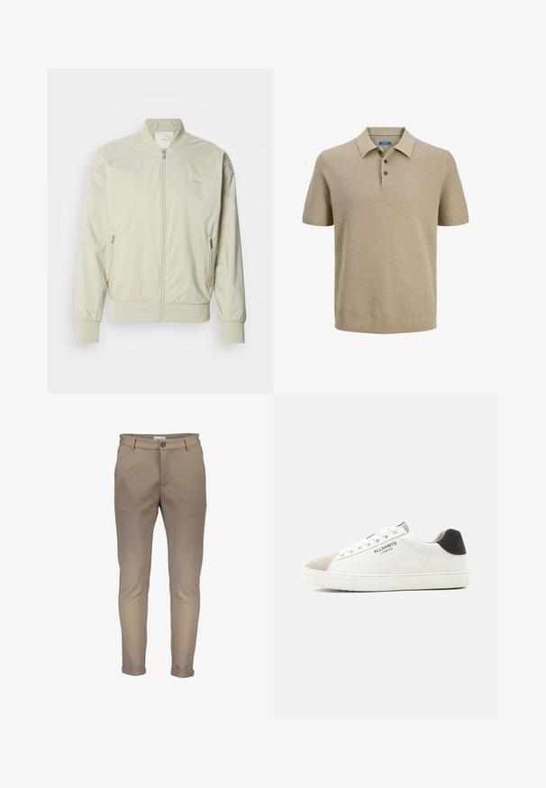 Hellbeige Bomberjacke aus glattem, leichtem Material. Mit Reißverschluss vorne, gerippten Bündchen und seitlichen Taschen. Subtile Logodetails.; Beige kurzärmliges Strick-Poloshirt mit drei Knöpfen sowie geripptem Kragen und Saum.; Beige Baumwollmischhosen mit schmaler Passform, versehen mit einem Knopfverschluss, Gürtelschlaufen und aufgerollten Beinen. Glatte Textur mit sauberer Naht.; Weißer Sneaker mit niedrigem Schaft, beiger Wildlederkappe, schwarzem Fersenlasche, weißen Schnürsenkeln und "ALLSAINTS LONDON"-Logo an der Seite.