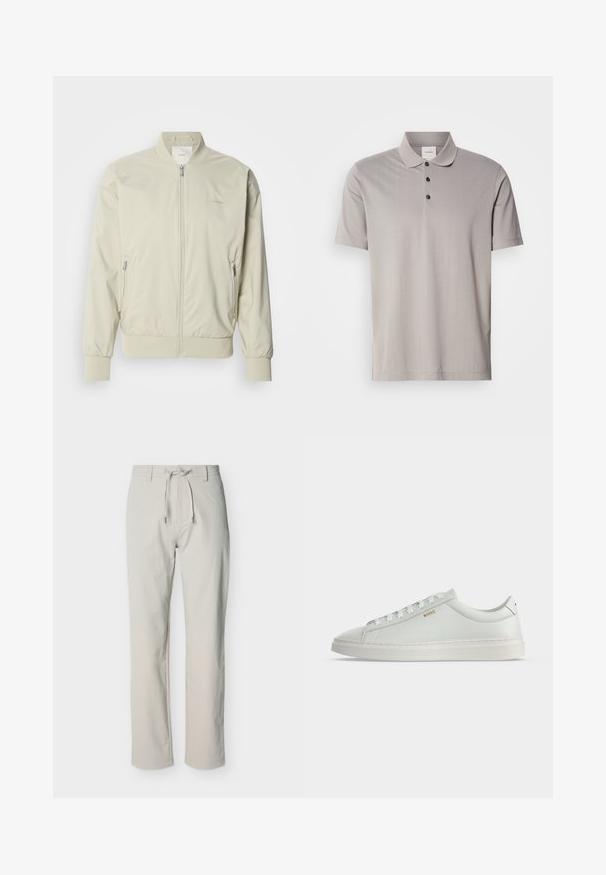 Veste bomber beige clair en matériau lisse et léger. Dotée d'une fermeture éclair à l'avant, de poignets côtelés et de poches latérales. Détail de logo discret.; Polo gris à manches courtes en tissu lisse, avec un col classique et trois boutons noirs. Motif à côtes verticales subtil sur l'ensemble.; Pantalon beige droit avec passants pour ceinture et ceinture en tissu nouée, présenté à plat sur un fond blanc.; Baskets basses blanches en cuir avec lacets, semelle plate et petit logo doré "BOSS" sur le côté, vues de l'extérieur.